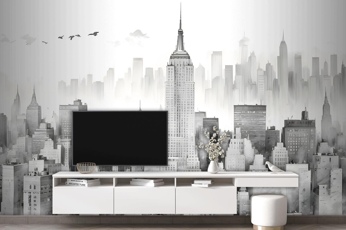 Monochrome Charcoal New York City Black And White Wallpaper Mural