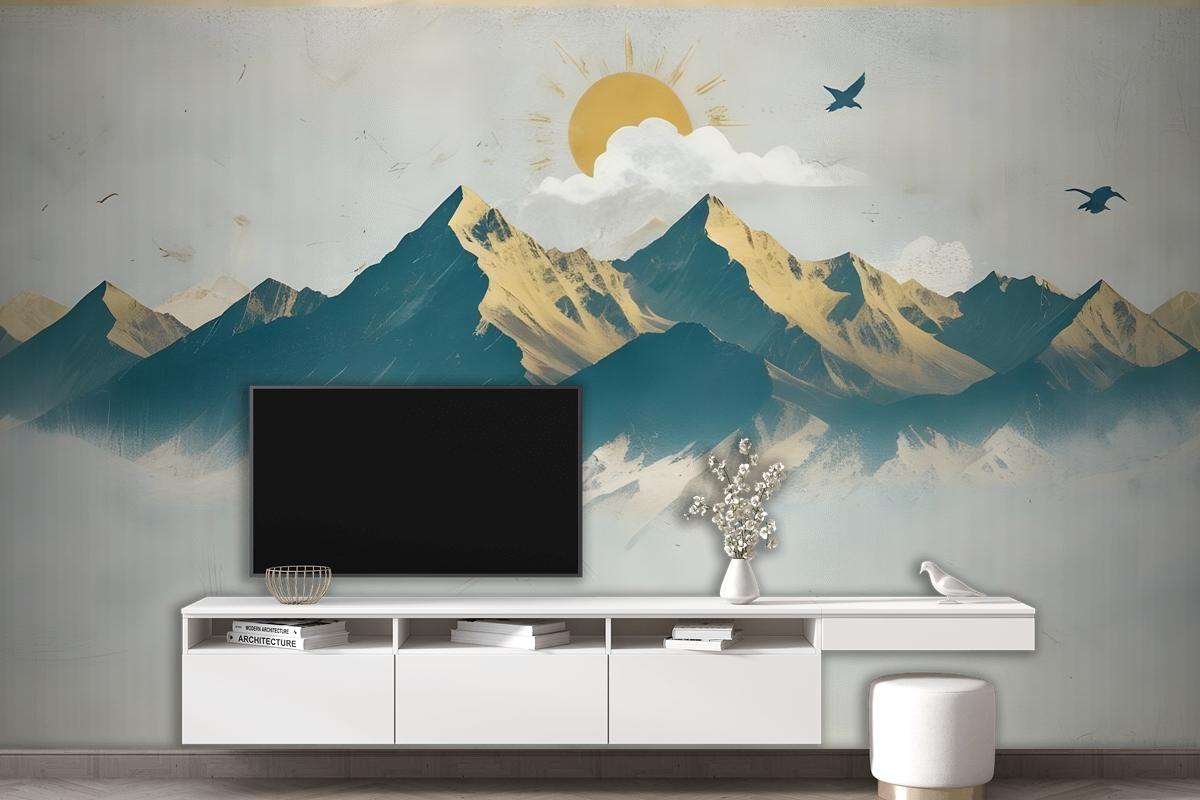 Mountain Sunrise Landscape And Old Plaid Texture Wallpaper Mural