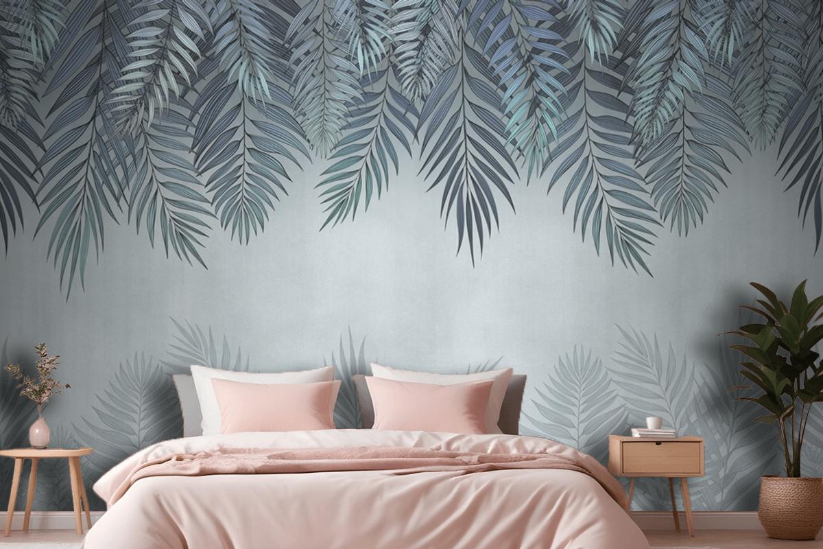 Palm Leaves In Pale Blue Flowers Bedroom Wallpaper Mural