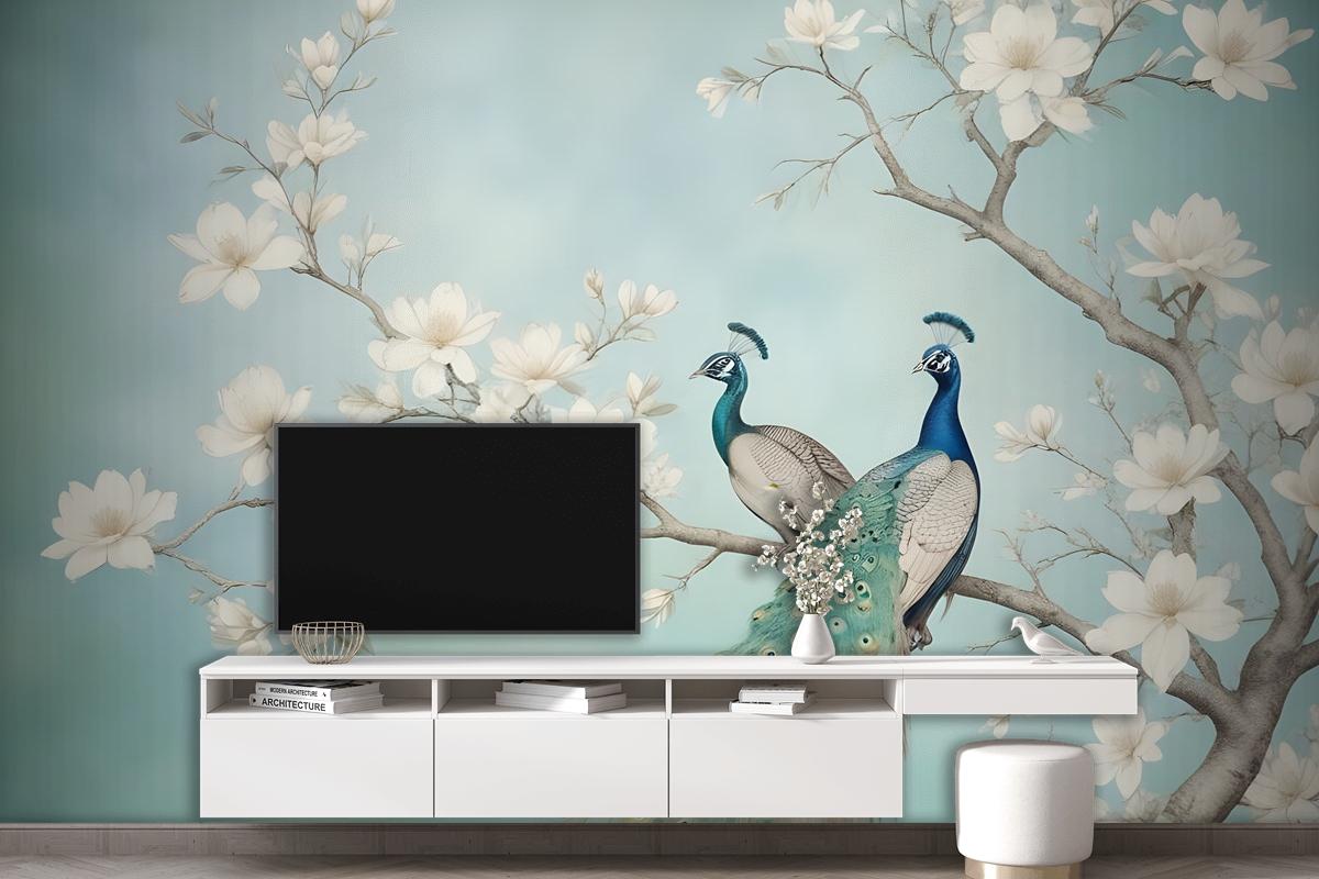 Peacock With Magnolia Blossom Wallpaper Mural