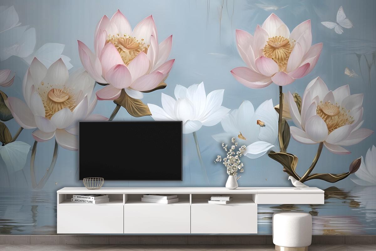 Pearl Lotus Flower And Little Butterfly Wallpaper Mural