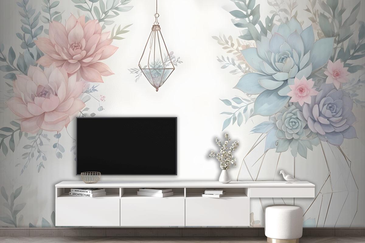 Pink Blue Soft Floral Wallpaper Mural