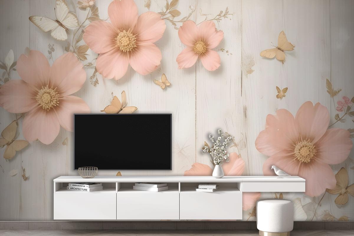 Pink Diamond Daisy With Butterflies Wallpaper Mural