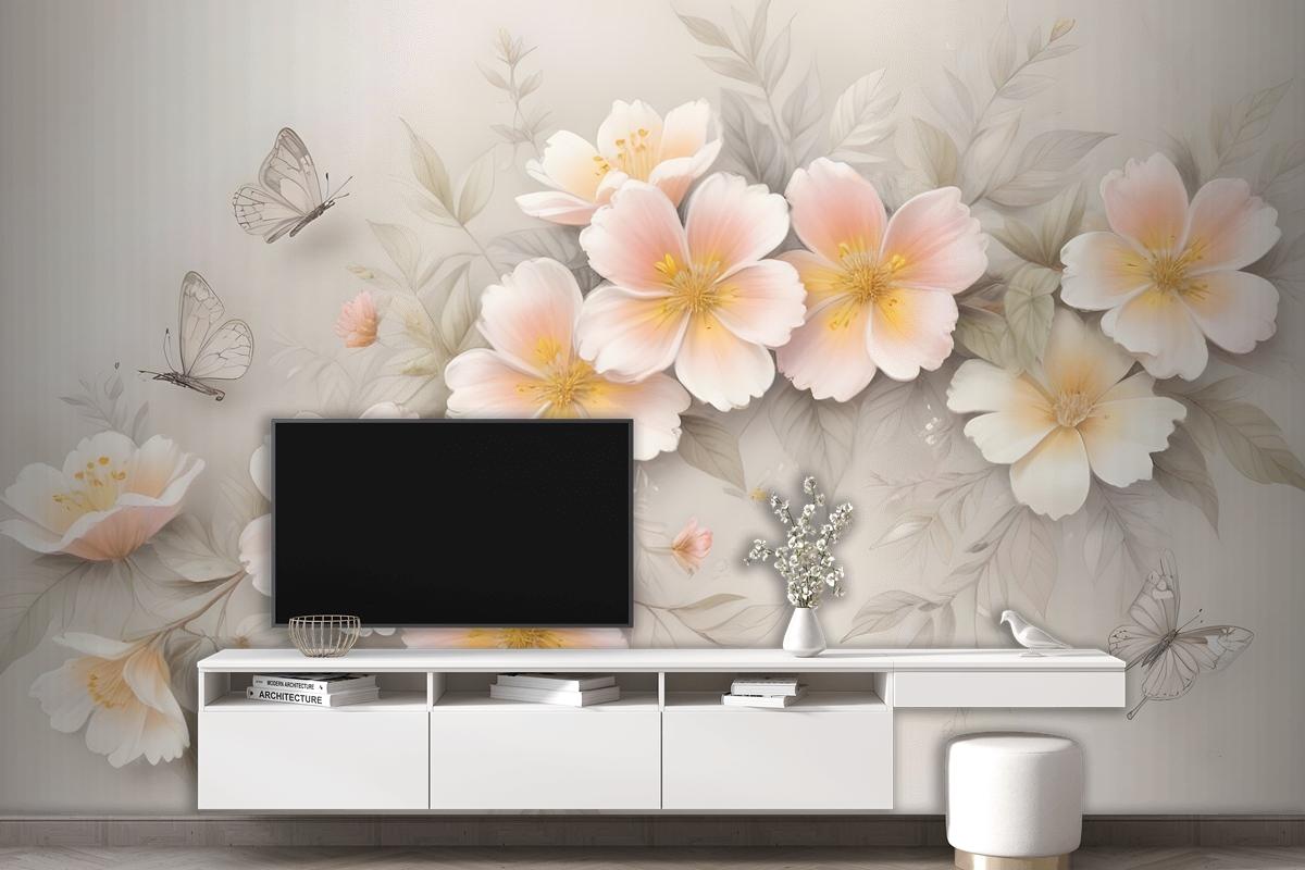 Pink Flower And White Butterfly Wallpaper Mural