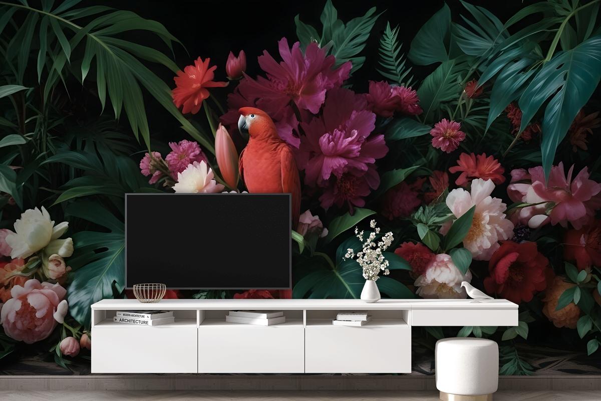 Red Parrot With Colorful Floral Wallpaper Mural