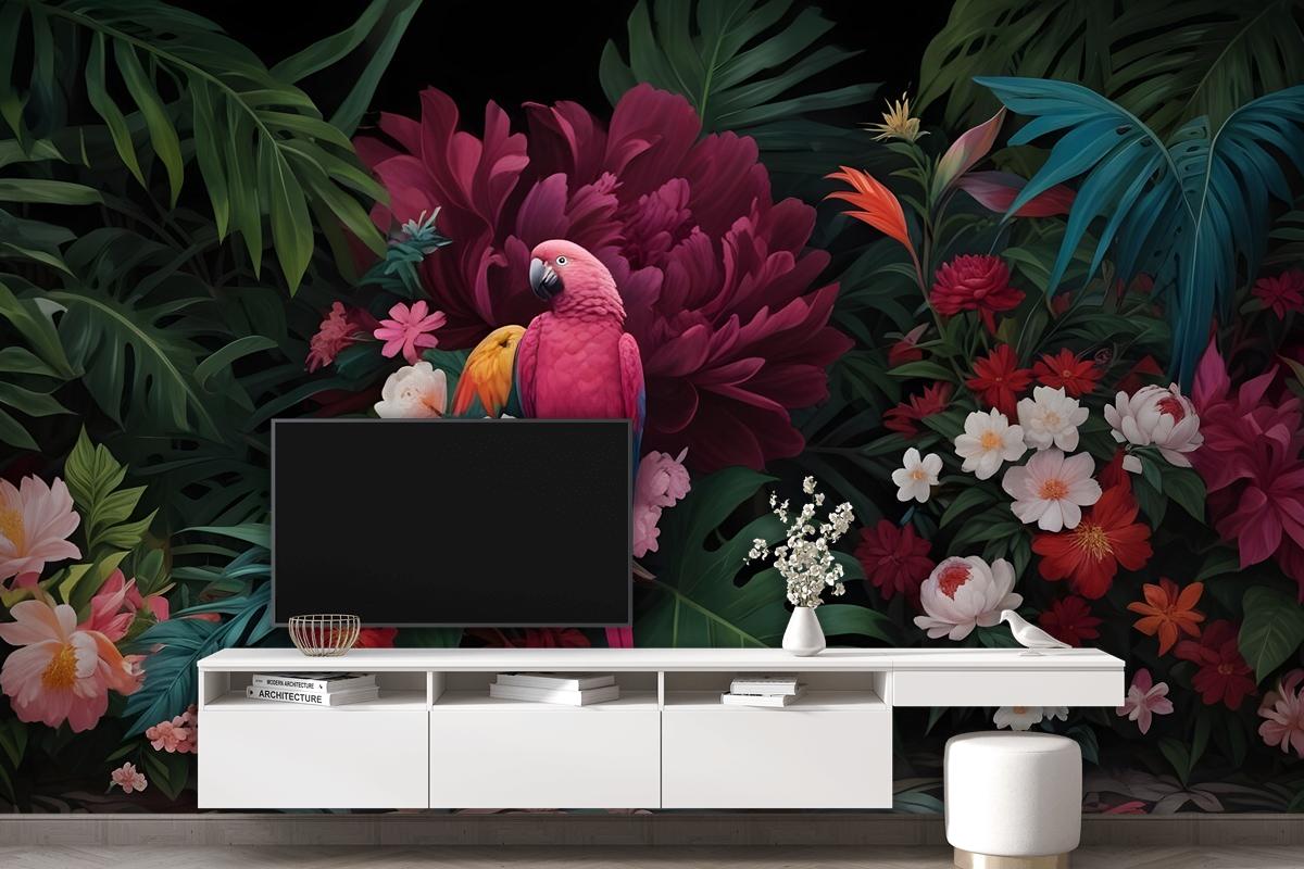 Pink Parrot With Colorful Floral Wallpaper Mural