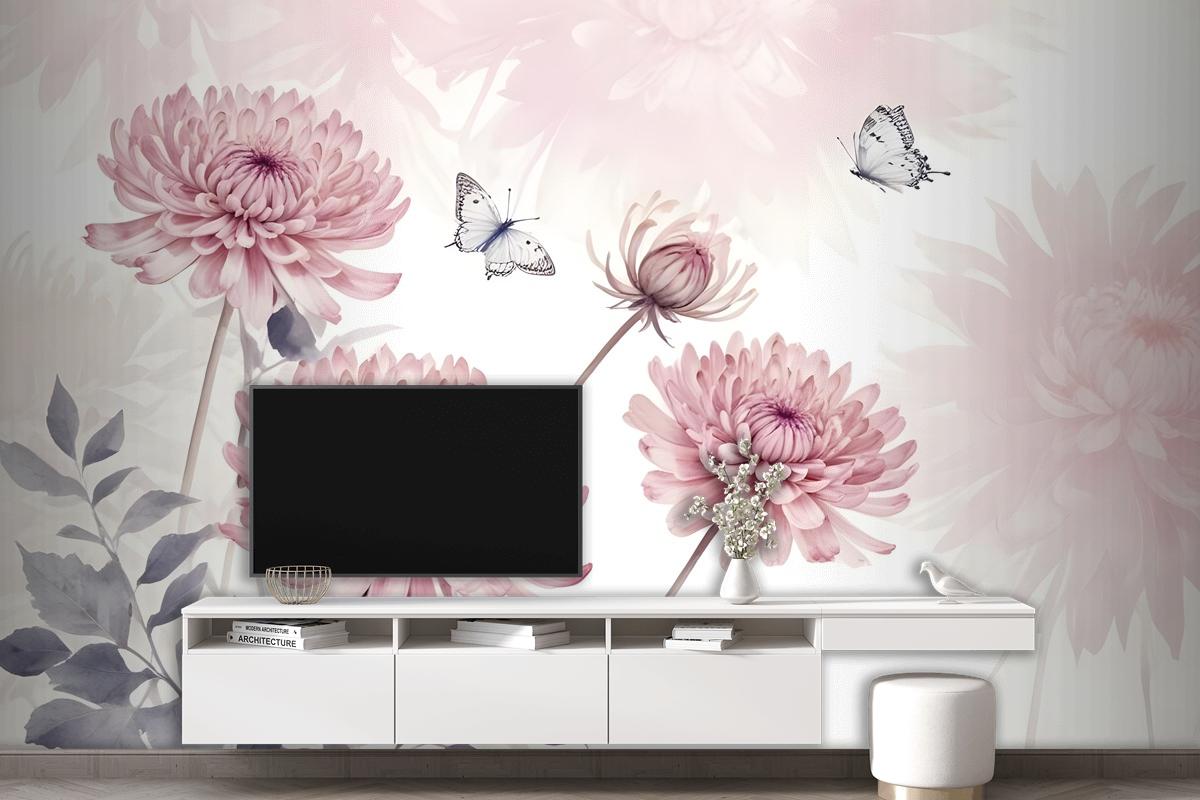 Retro Watercolor Pink Dandelion Flower Art Wallpaper Mural