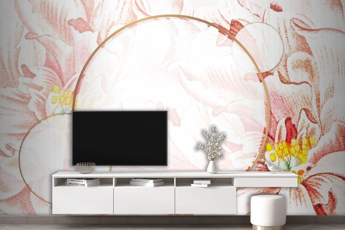 Round Floral Peony Frame Wallpaper Mural