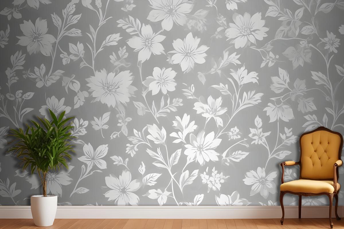 Seamless Pattern Of White Floral Silhouettes On A Light Gray Wallpaper Mural