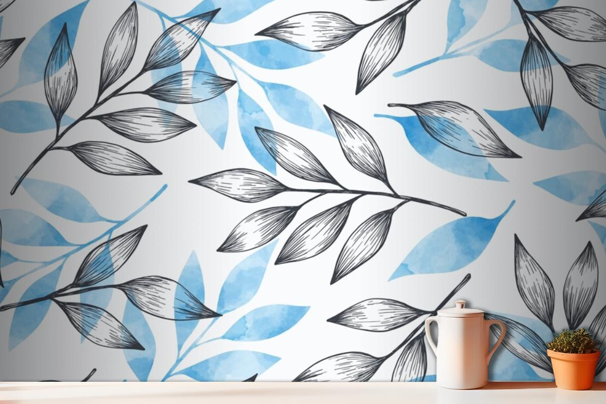 Simple Background With Gray And Blue Leaves Wallpaper Mural