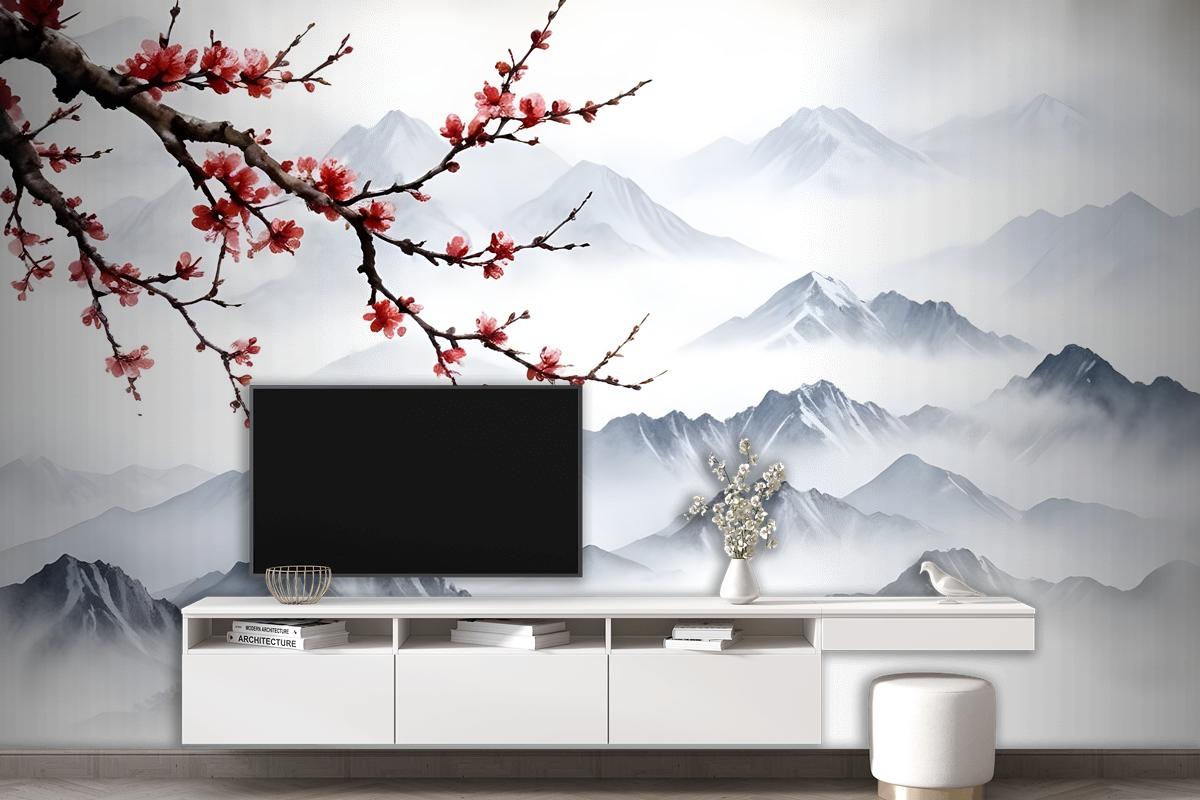 Snowy Mountainscape With Cherry Blossom Wallpaper Mural
