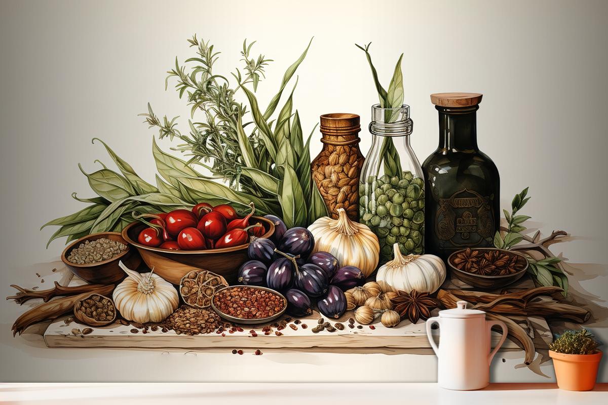 Spices And Herbs On Table Food And Cuisine Ingredients On Table Wallpaper Mural