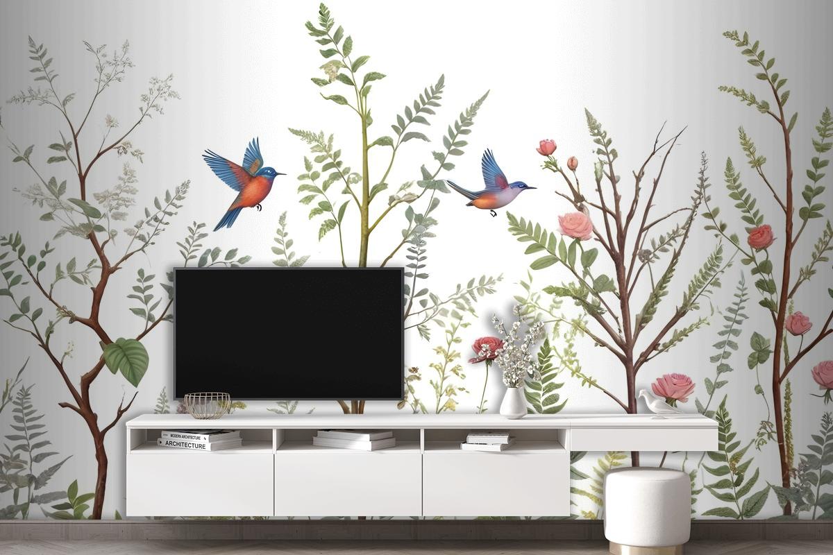 Spring Flower With Birds On The Trees Wallpaper Mural