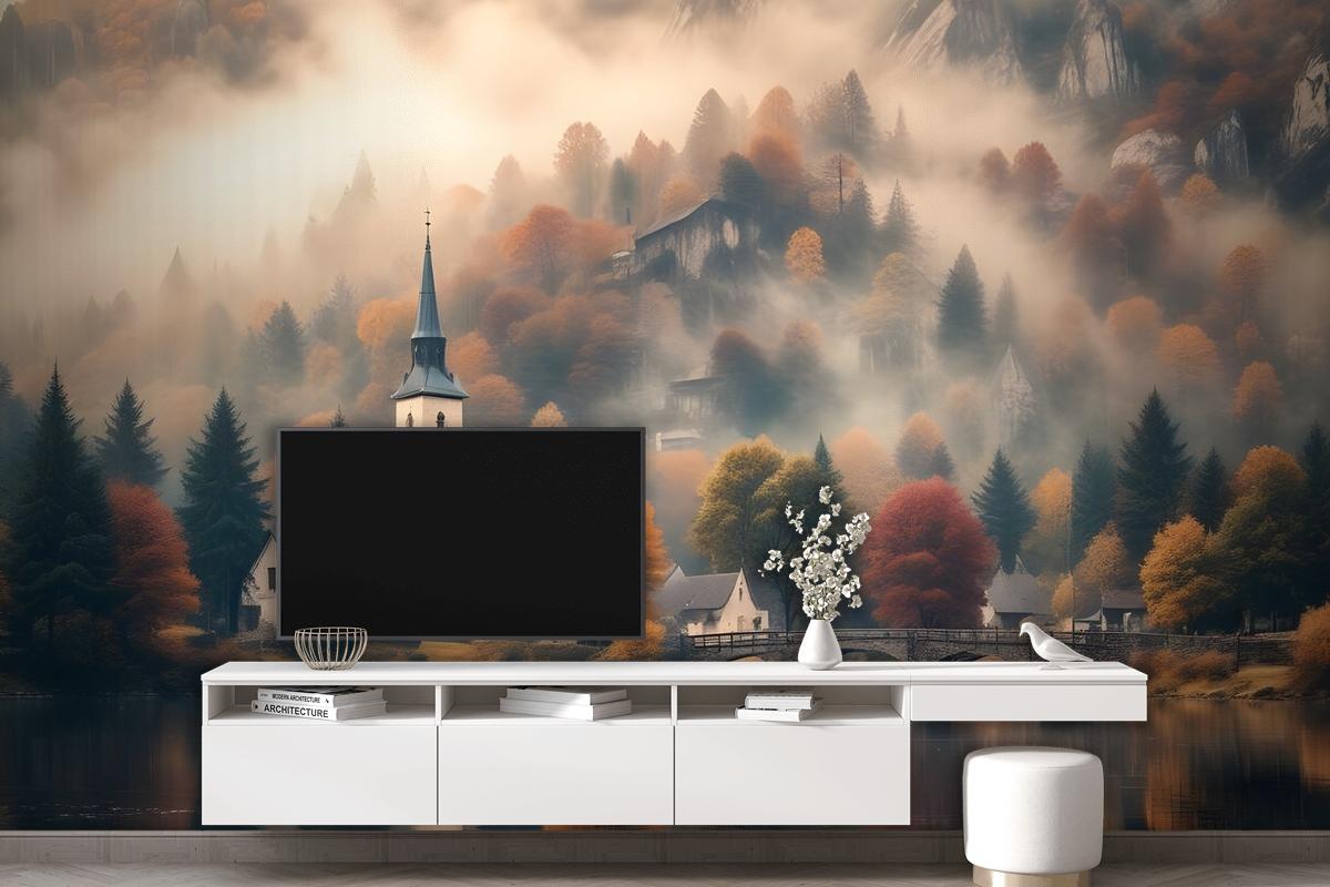 Sunset In Mountain Forest Nature Wallpaper Mural
