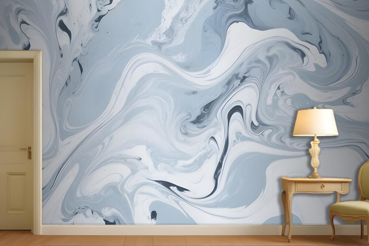 Swirling Blue And White Marble Pattern Wallpaper Mural