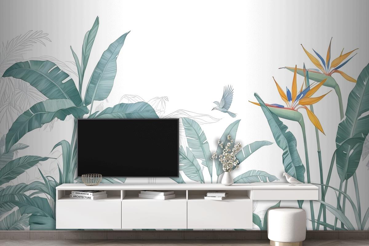 Tropical Banana Leaf With A Bird Wallpaper Mural
