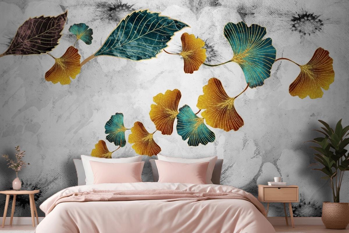 Turquoise And Golden Ginkgo Leaves In Light Gray Canvas Paint Bedroom Wallpaper Mural
