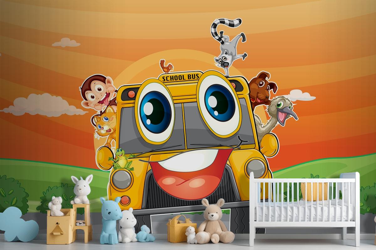 Various Animals In School Bus Wallpaper Mural