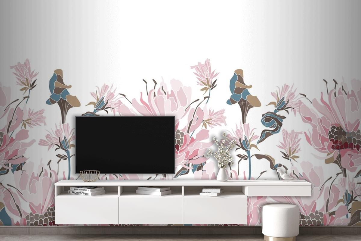 Pink Flowers Herbs Wallpaer Mural