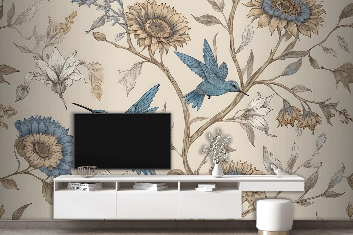 Vintage Flower With Hummingbird Wallpaper Mural