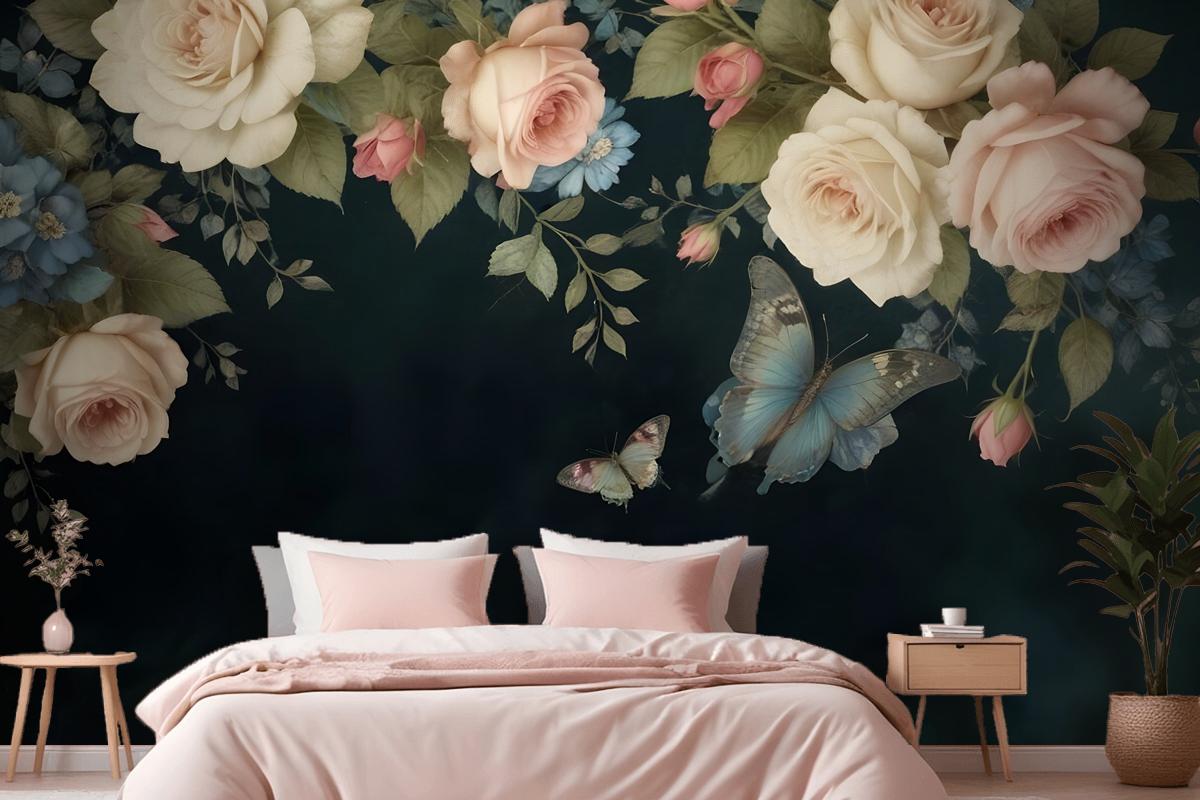 Vintage Oil Painting Dark Roses Bedroom Wallpaper Mural