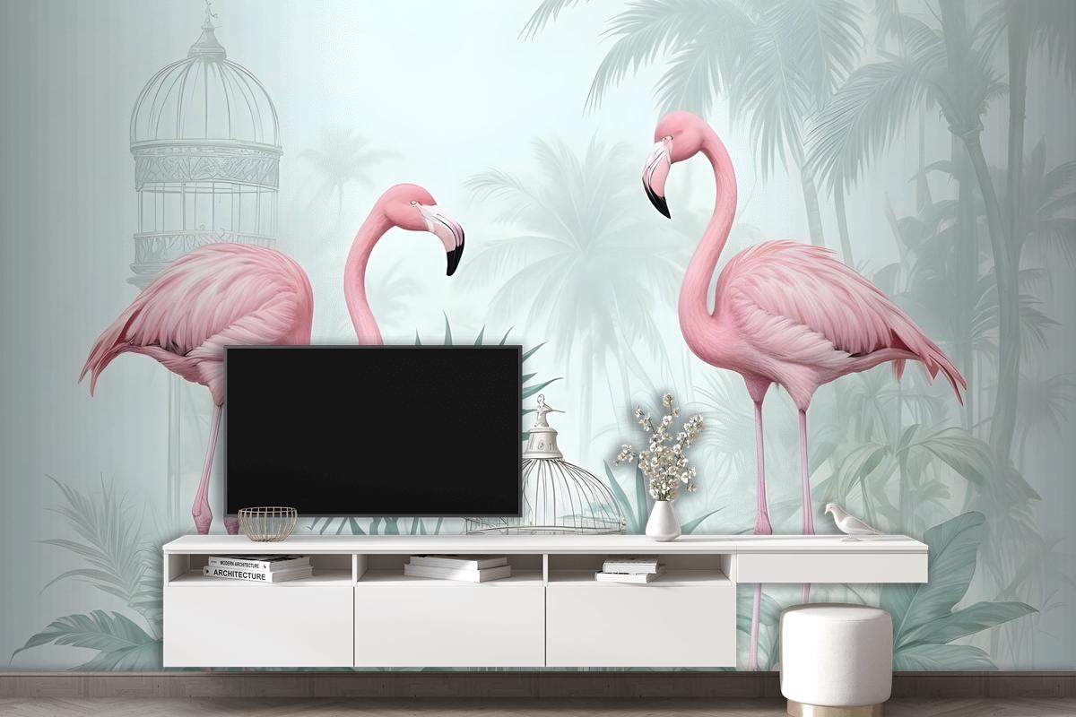 Vintage Pink Flamingo With Tropical Leaves Wallpaper Mural