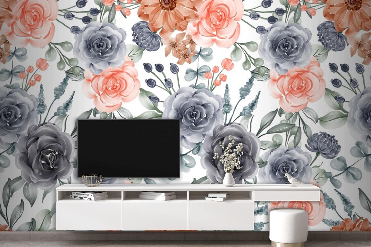 Watercolor Background Seamless Pattern Flower Navy And Peach Wallpaper Mural