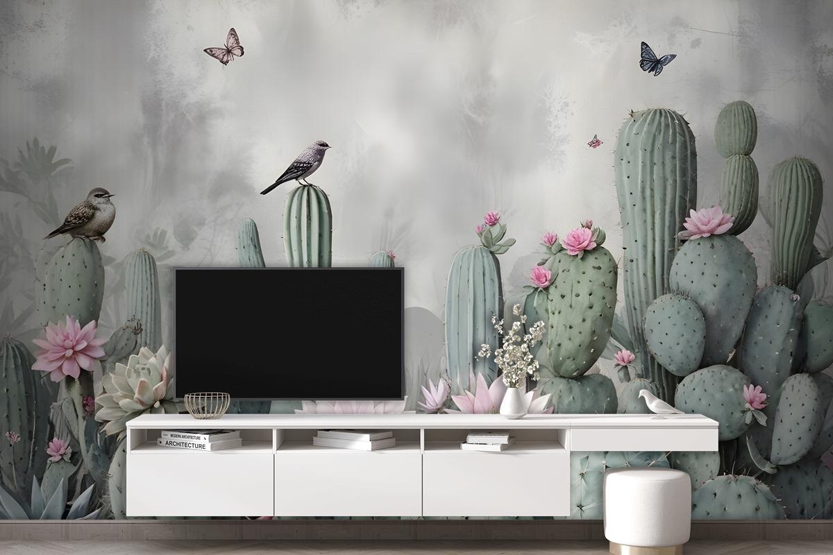 Watercolor Cactus With Flowers Wallpaper Mural