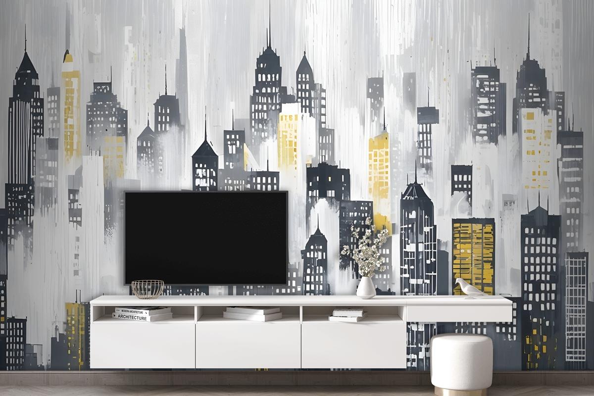 Watercolor City Silhouette Wallpaper Mural