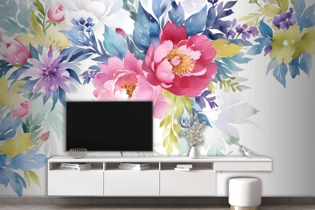 Watercolor Colorful Peony Flowers Wallpaper Mural