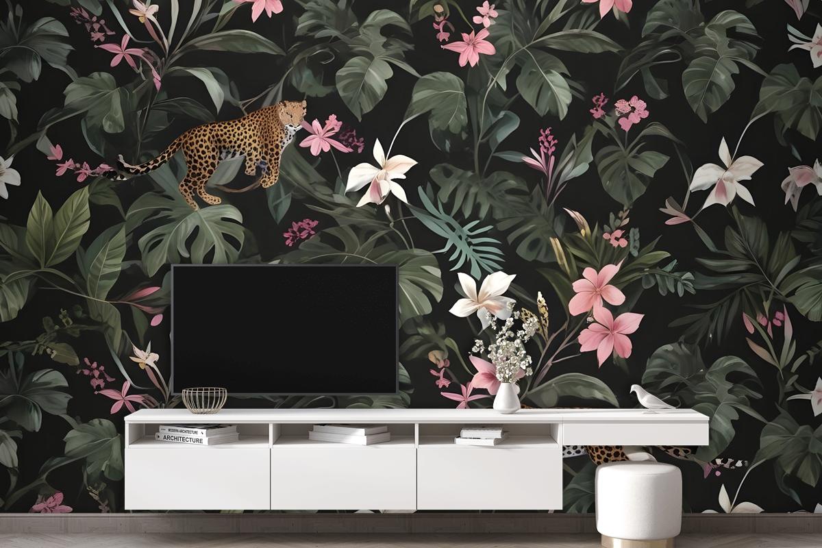Watercolor Dark Tropical Art With Leopard Wallpaper Mural