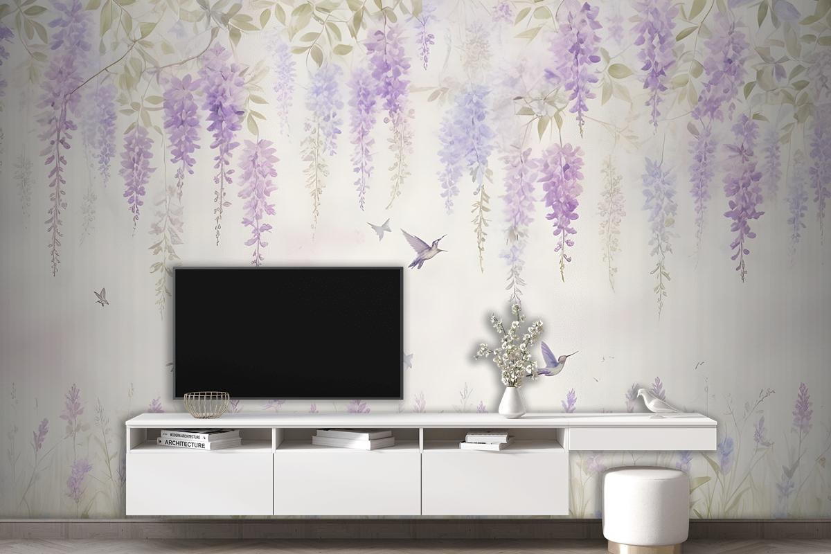 Watercolor Hanging Wisteria Flowers With Hummingbirds Wallpaper Mural