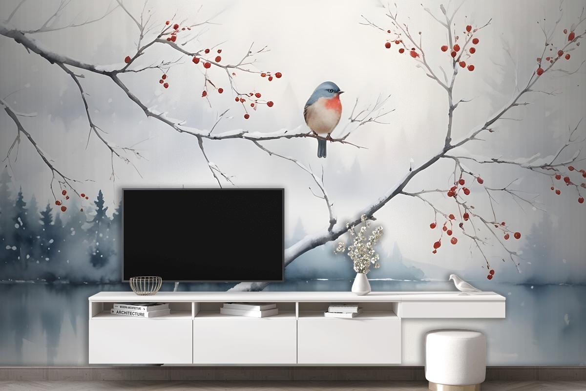 Watercolor Lake Landscape With Birds Wallpaper Mural