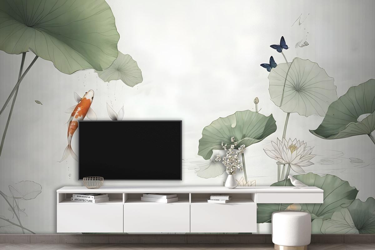 Watercolor Lotus Flower And Butterflies Wallpaper Mural