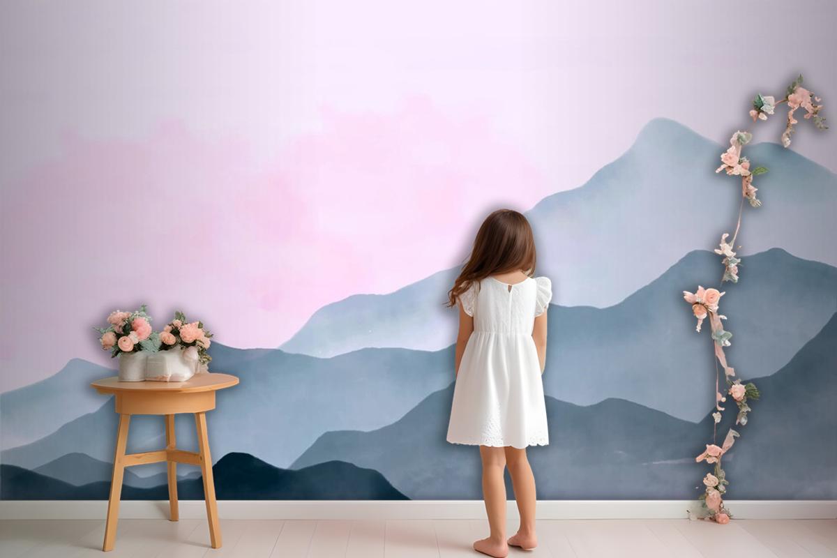 Watercolor Mountains Background With Pink Sky Wallpaper Mural