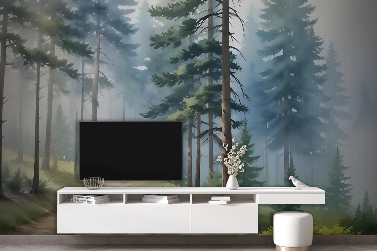 Watercolor Painting Misty Forestscape Wallpaper Mural