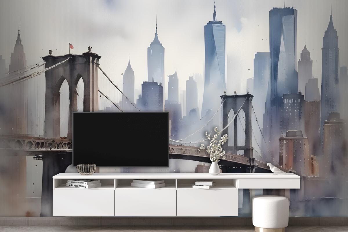 Watercolor Painting New York City Landscape Wallpaper Mural