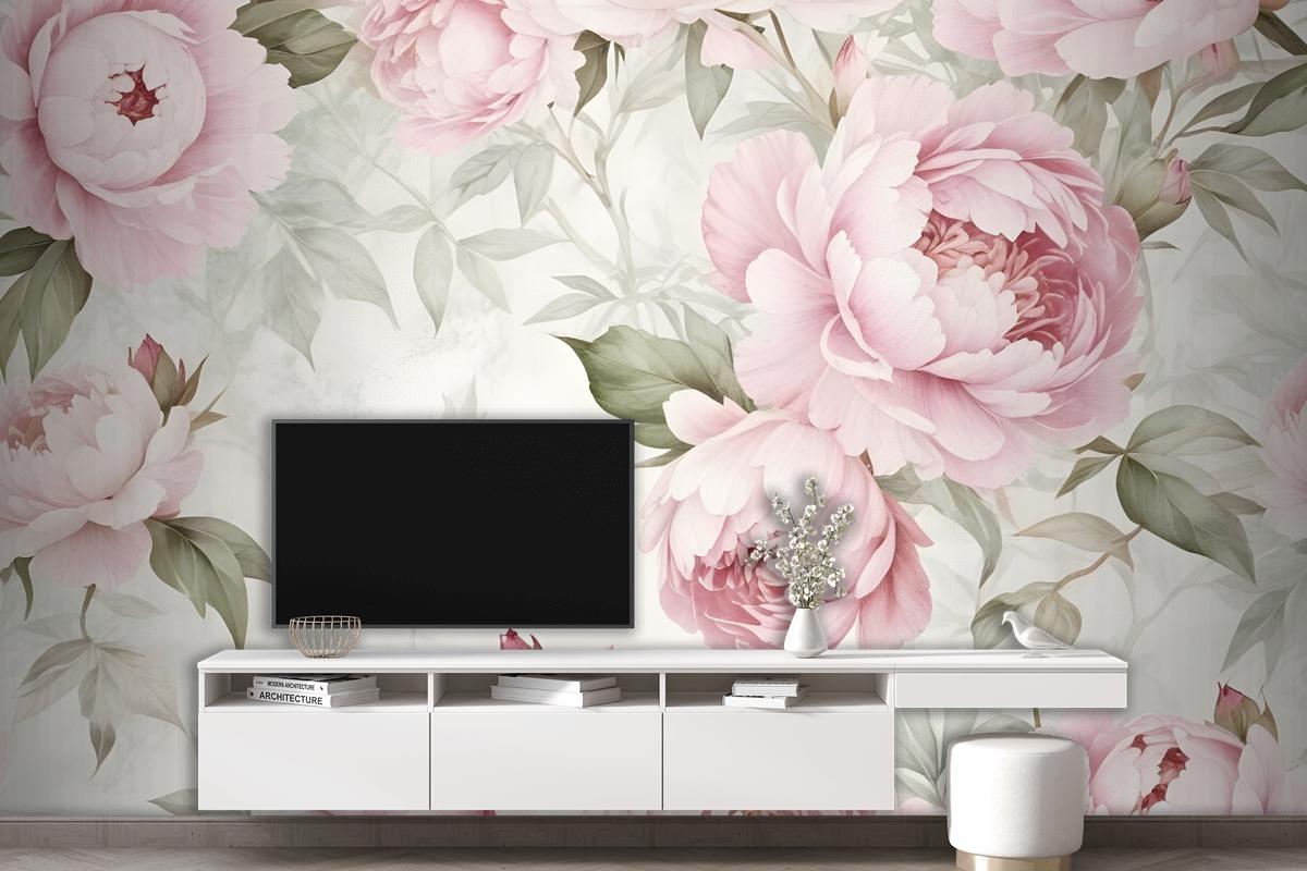 Watercolor Pink Peony Floral Blossom Wallpaper Mural