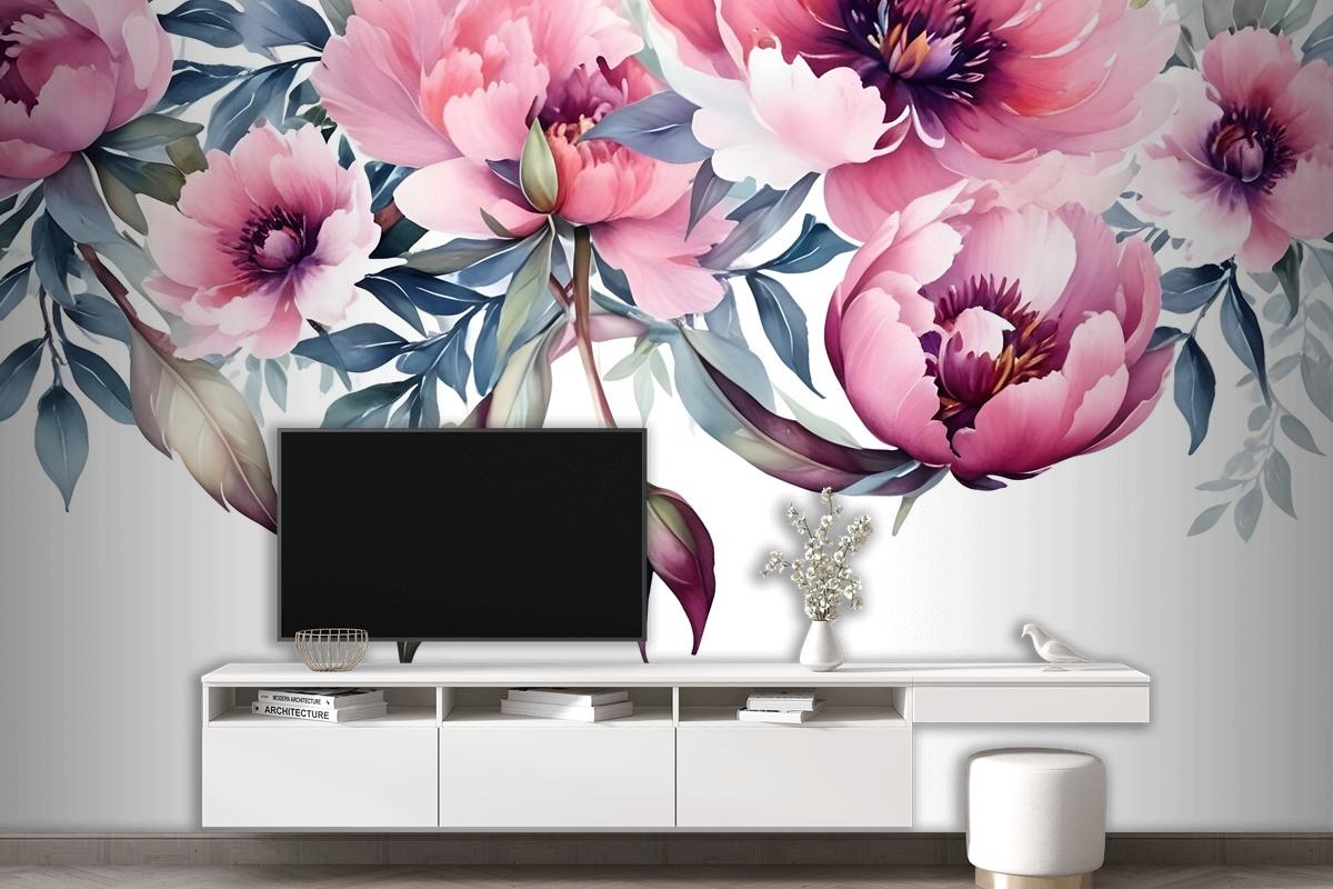Watercolor Pink Peony Flower Wallpaper Mural