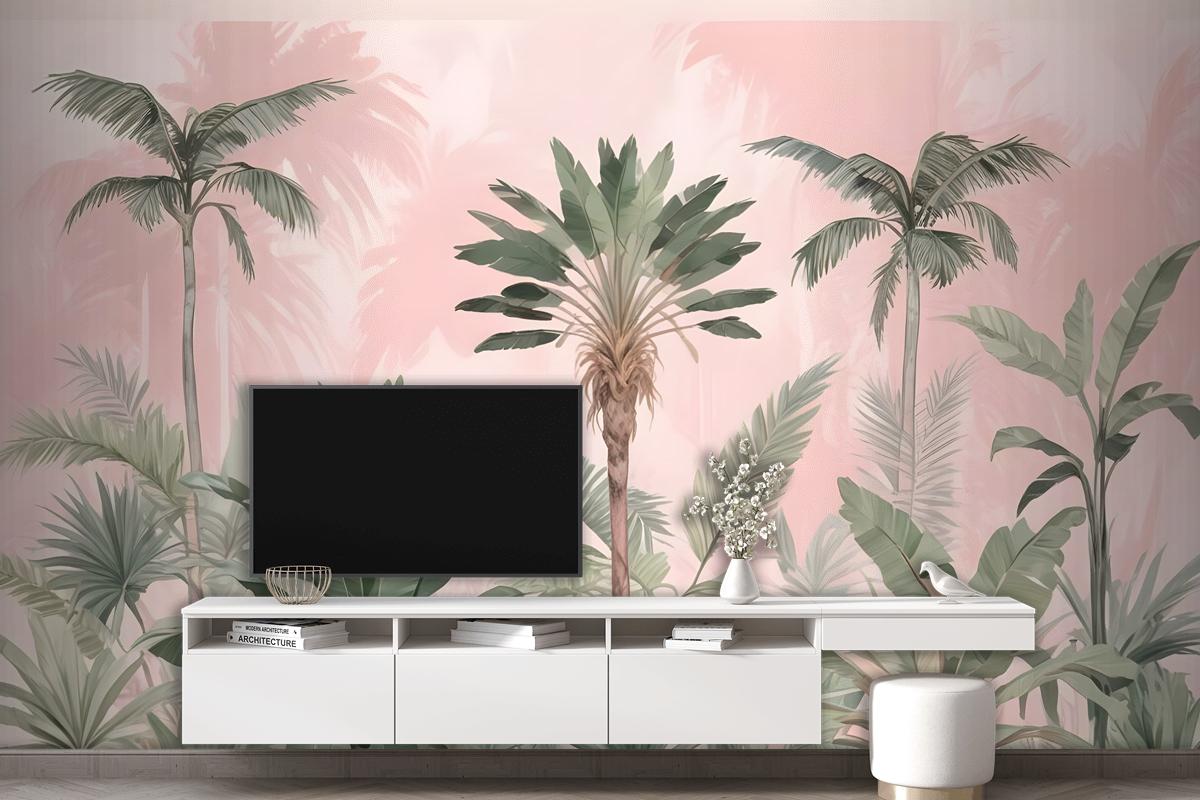 Watercolor Pink Tropical Chinoiserie Wallpaper Mural