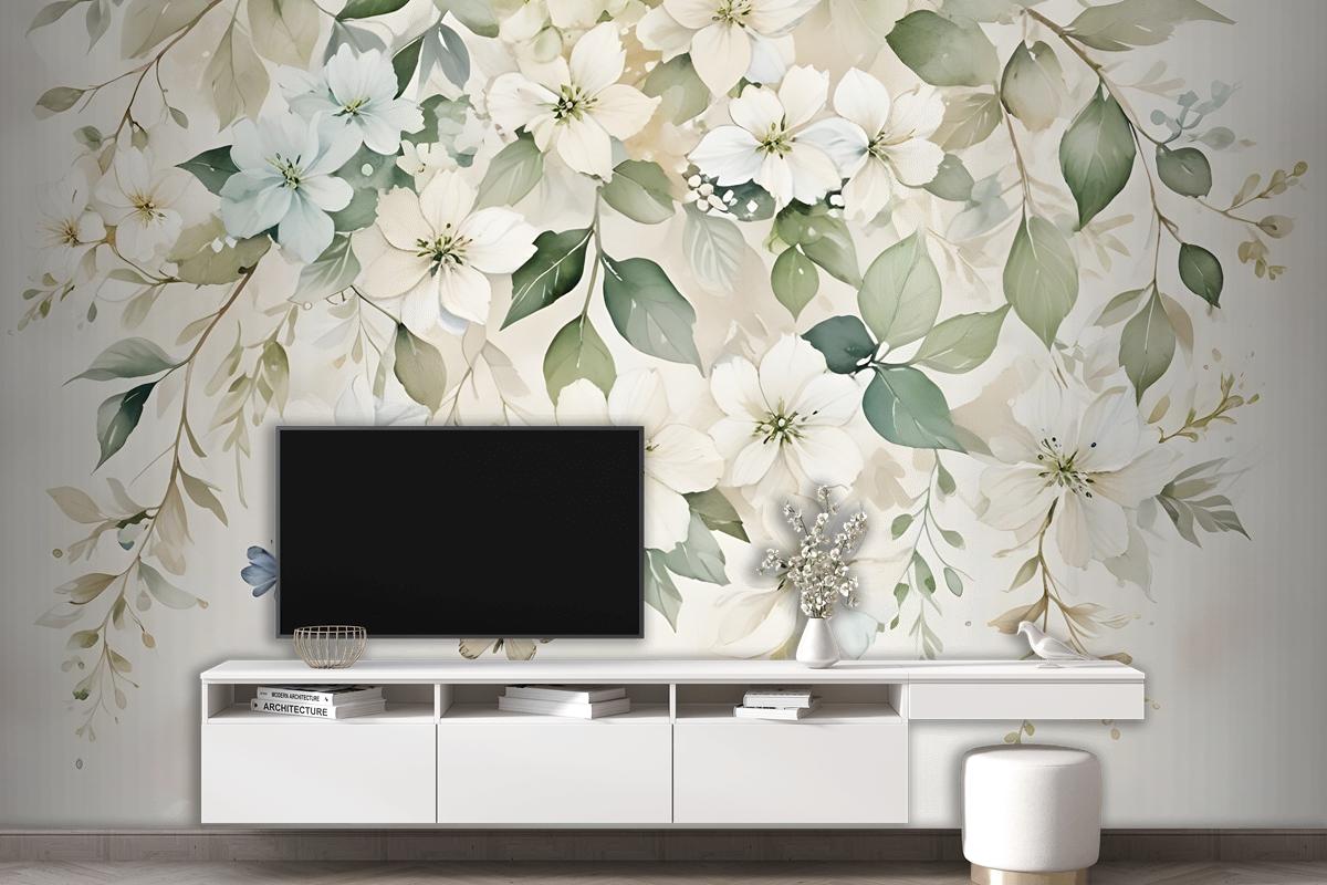 Watercolor Soft Floral With Green Leaves Wall Mural