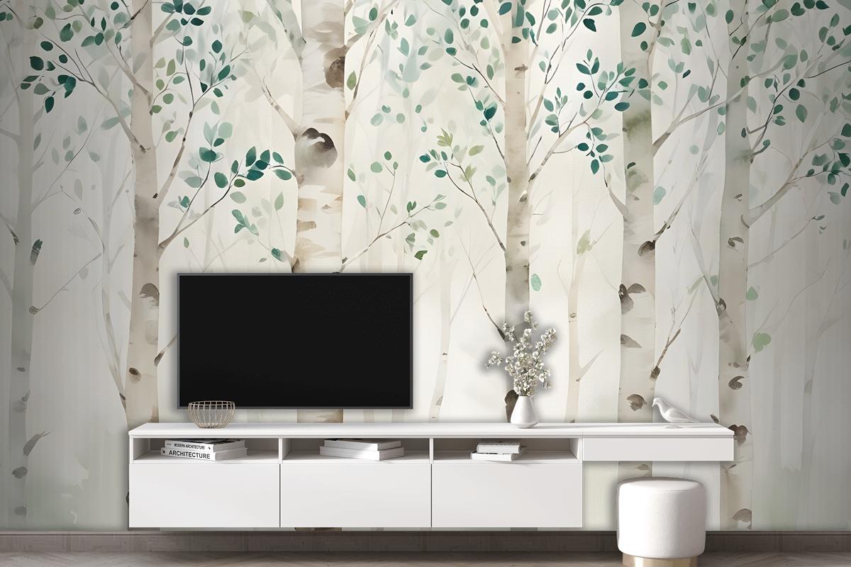Watercolor Style Forest With Green Brown Little Leaves Wallpaper Mural