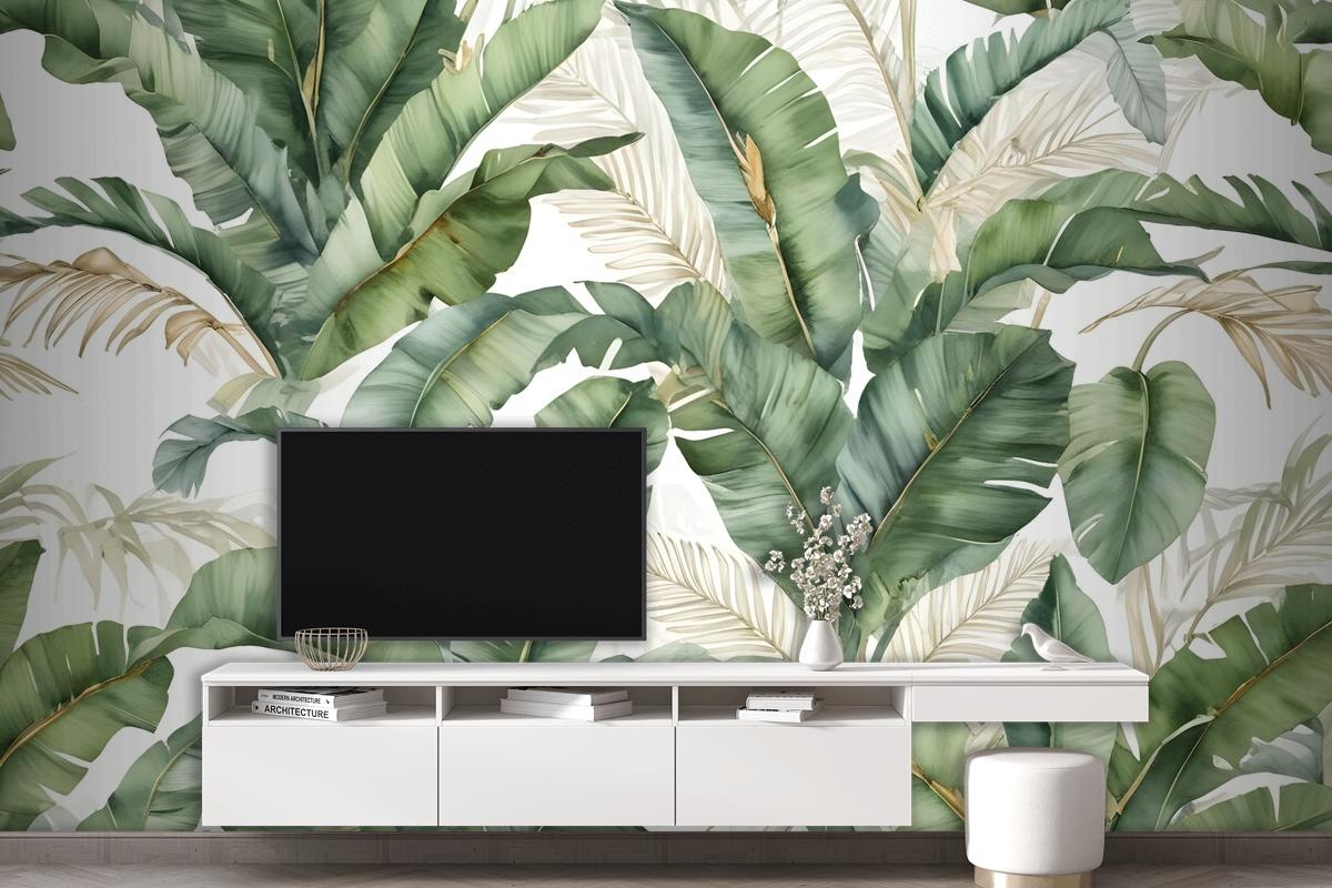 Watercolor Tropical Banana Leaf With Faux Gold Details Wallpaper Mural