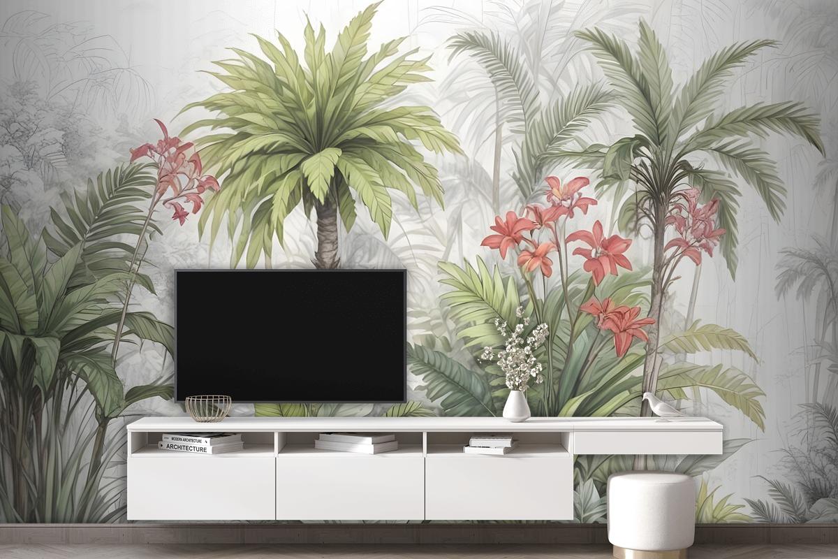 Watercolor Tropical Leaf And Flowers Wallpaper Mural