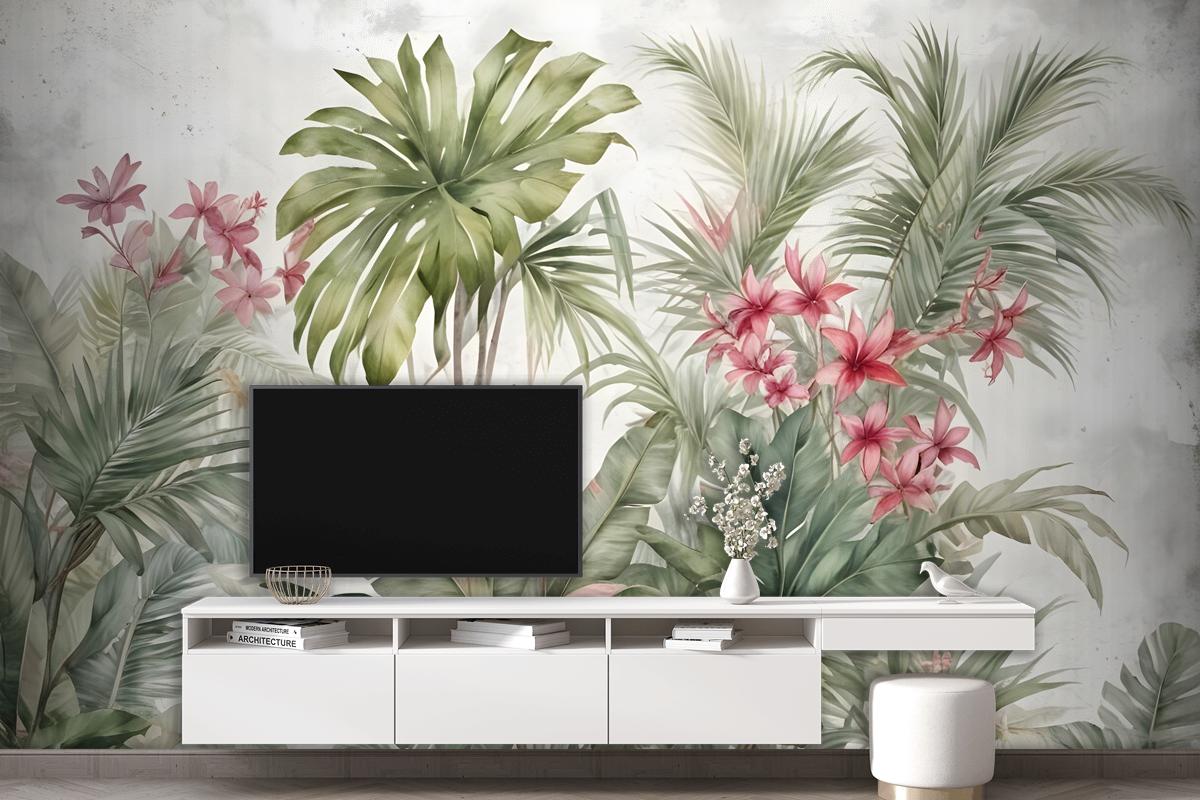 Watercolor Tropical Leaf And Flowers Wallpaper Mural