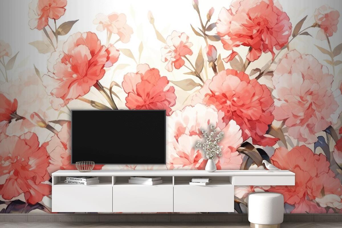 Watercolor Vintage Carnations Pattern With Complementary Colors Wallpaper Mural
