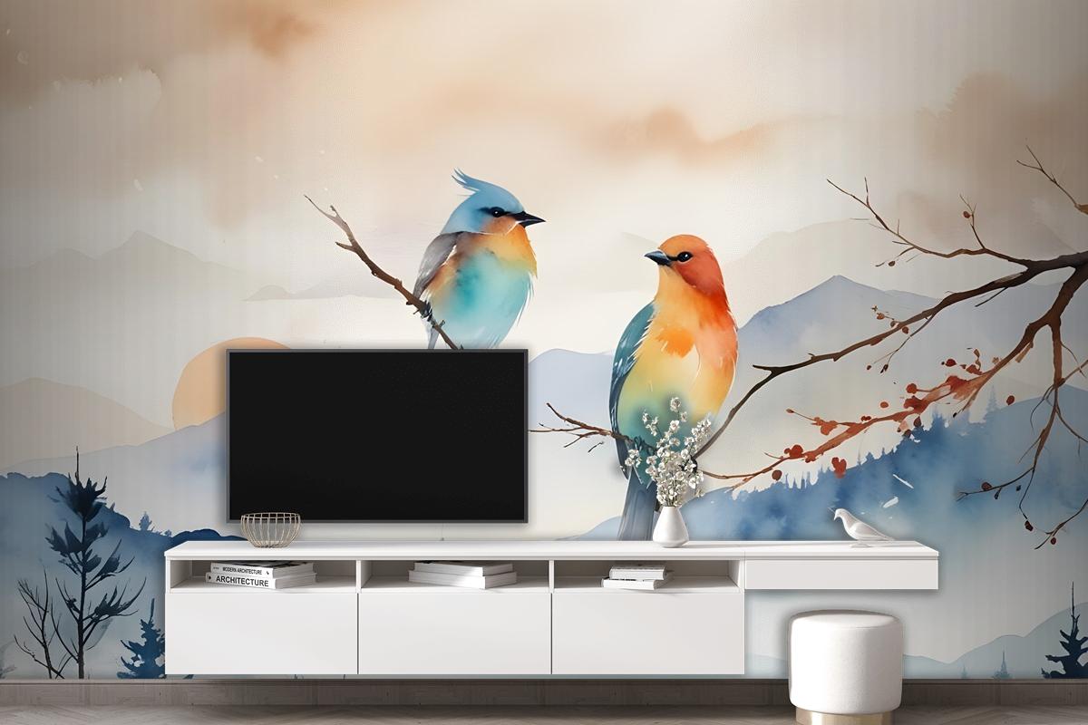 Watercolor Winter Landscape And Colorful Bird Wallpaper Mural