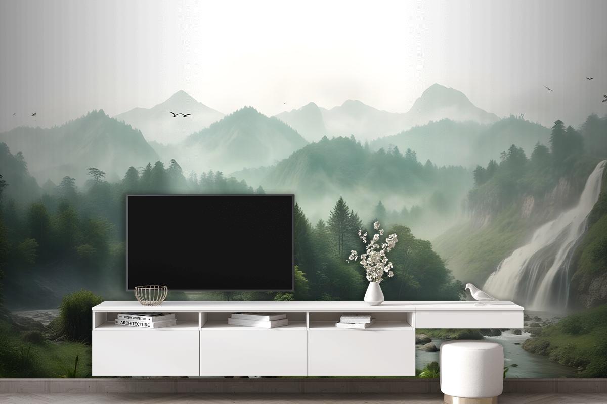 Waterfall With Misty Green Forest Landscape Wallpaper Mural