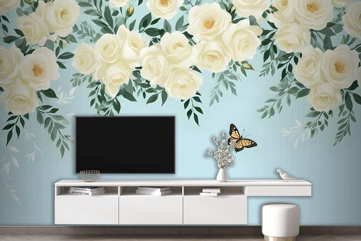 White Flowers And Yellow Butterfly Wallpaper Mural