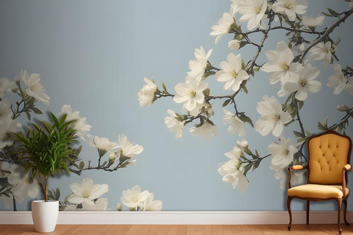 White Flowers Blooming On Tree Branches Against A Pale Blue Sky Wallpaper Mural